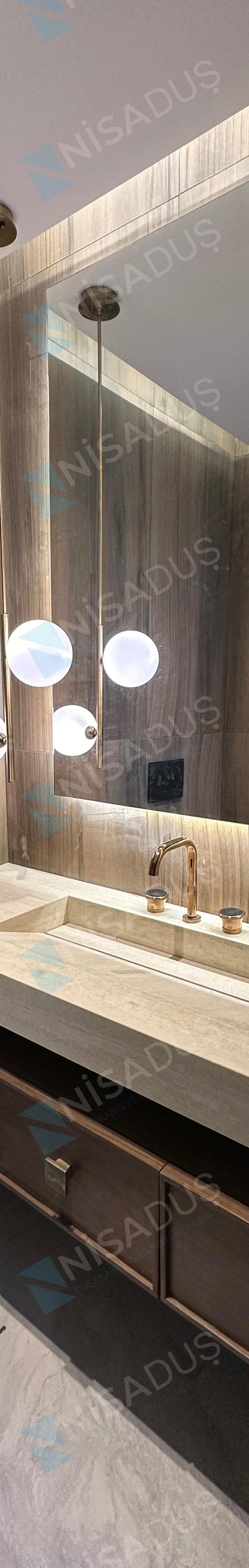 AVAİ İnşaat banyo çalışması, ahşap desenli seramik ve tezgâh, Mersin